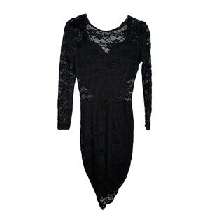 Black Lace Long-Sleeve Dress V-Neck‎ & Ruched Hem Medium Stretch Sexy Goth Punk